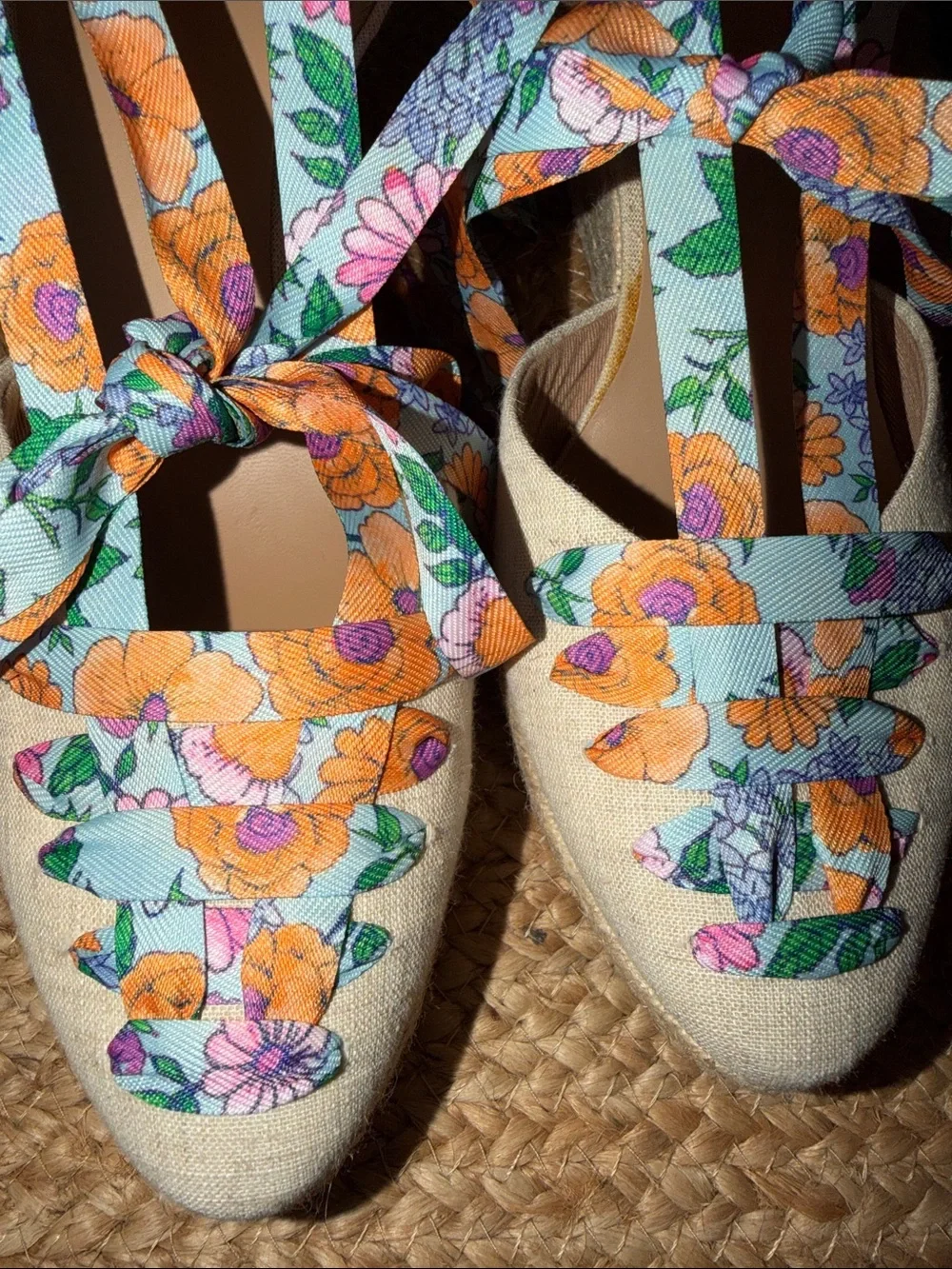 Crown & Ivy Floral Tie-Ankle Espadrille Wedges - Light Blue, Orange, Purple